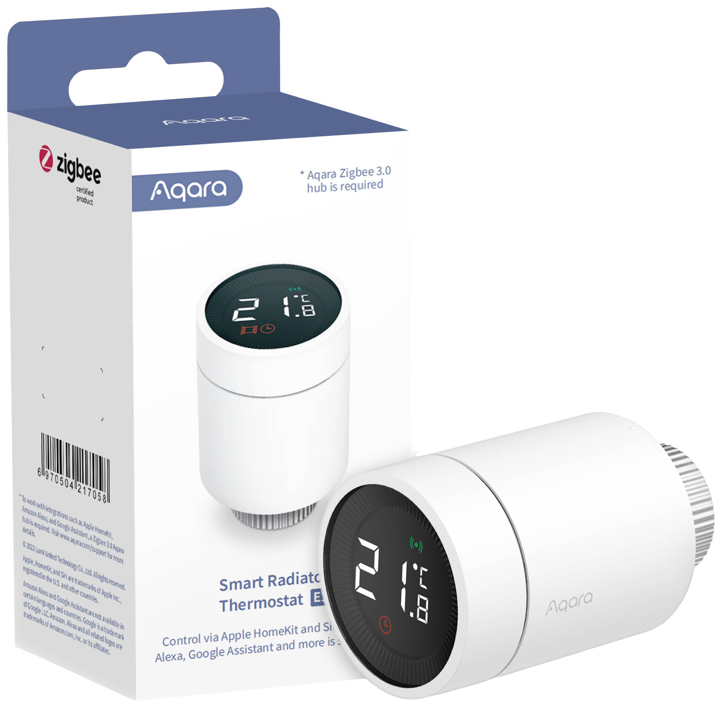 Smartes Heizkörperthermostat von Aqara mit digitaler Anzeige. Kompatibel mit Apple HomeKit, Alexa und Google Assistant. Zigbee 3.0 erforderlich.