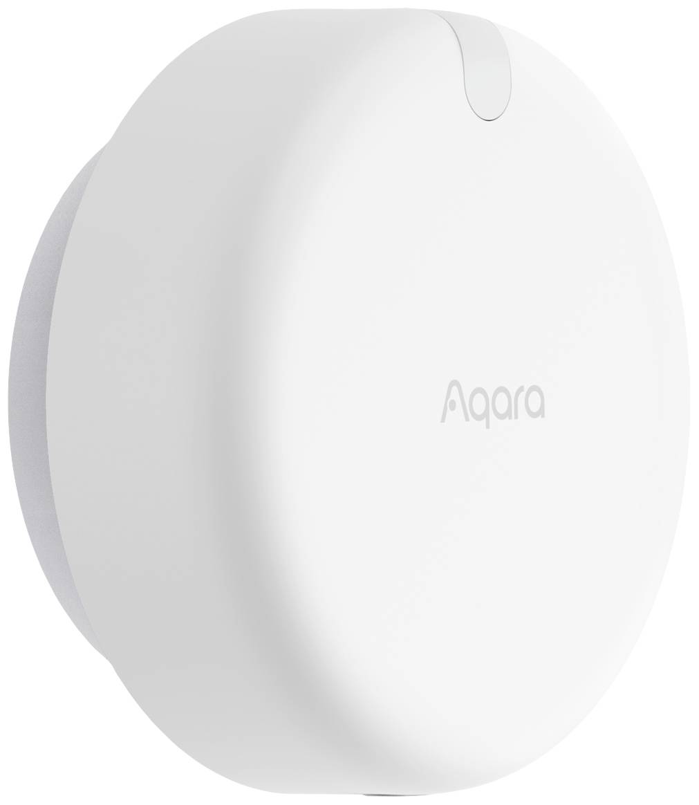 Ein weißer, runder Smart-Home-Sensor mit dem Logo 'Aqara' auf der Vorderseite. Er wird an Wänden zur Hausautomatisierung angebracht.