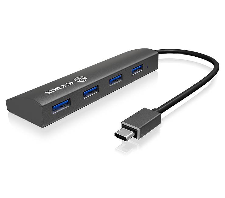 USB-C Hub mit vier USB-A 3.0-Anschlüssen, schwarzes, schlankes Design, geeignet für den Anschluss mehrerer Geräte an einen Laptop.