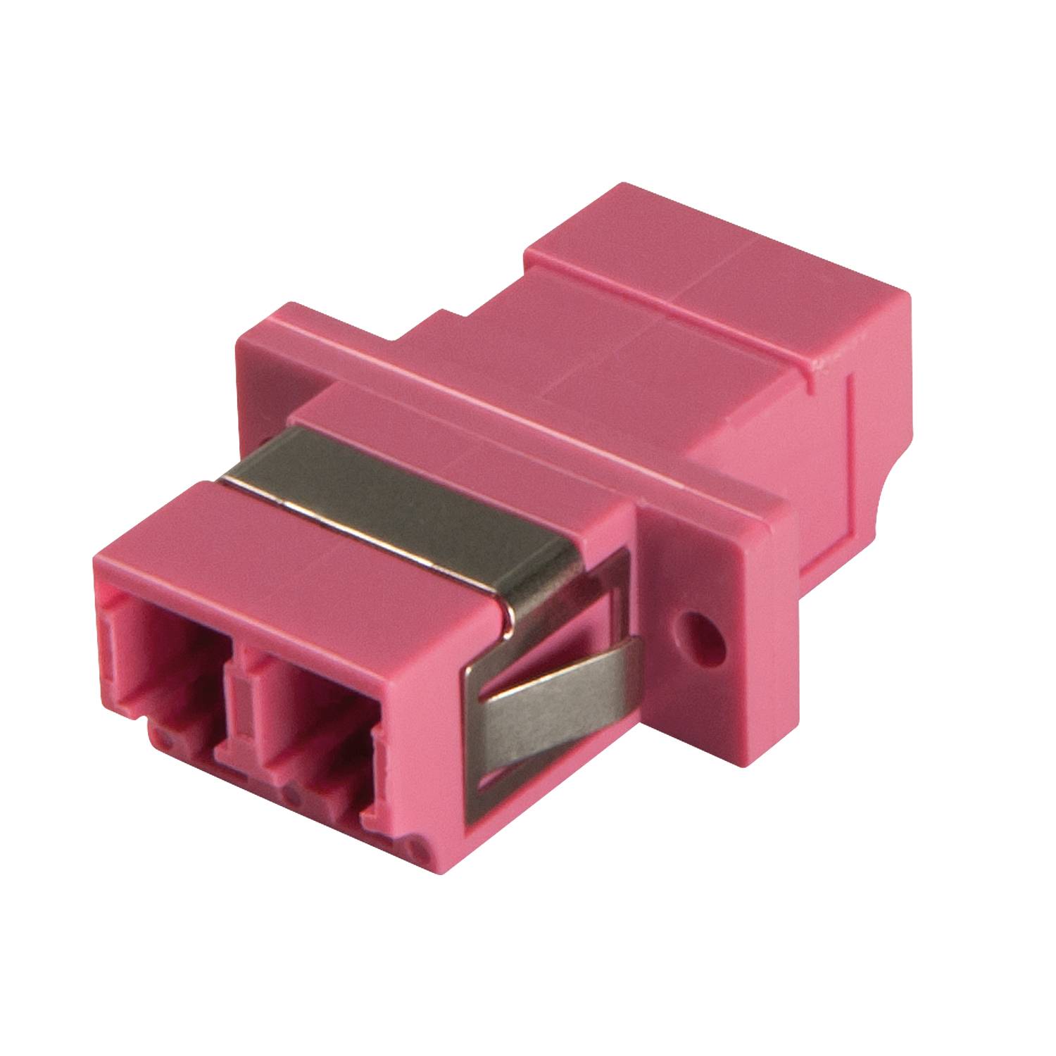 Ein rosa optischer LWL-Adapter, typischerweise verwendet in Netzwerkinfrastruktur, gezeigt aus der Seitenperspektive.