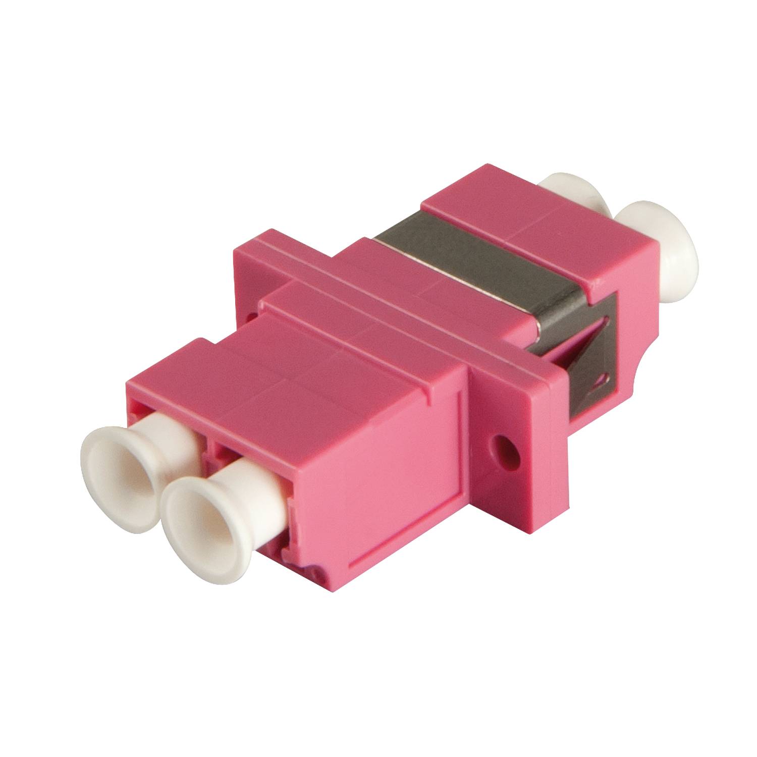 Ein pinkfarbener LC-Duplex-Adapter aus Kunststoff, der zur Verbindung von Glasfaserkabeln verwendet wird.