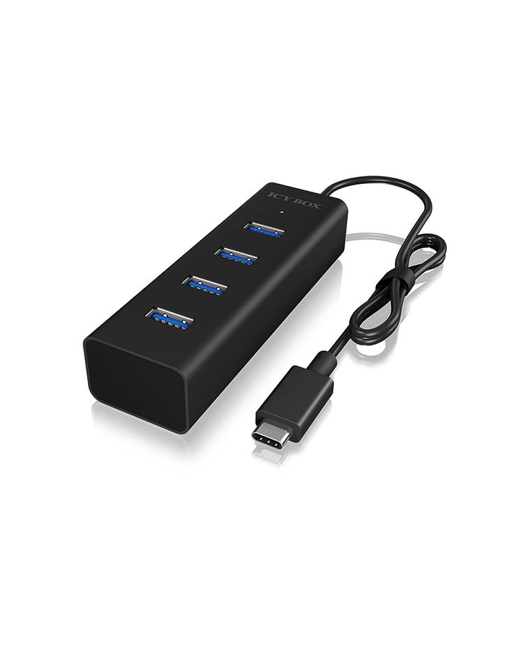 USB-Hub mit vier USB-3.0-Anschlüssen und einem USB-C-Kabel. Ideal für den Anschluss mehrerer Geräte an einen Computer.