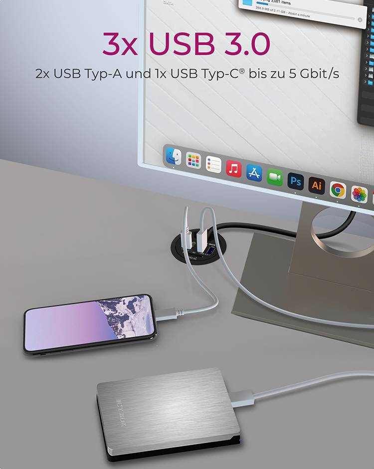 IB-HUB1404A, Tisch-Hub, 2x Type-A, 1x Type-C, 1x Audio Ein-/Ausgang, 1x SD/MicroSD Slot