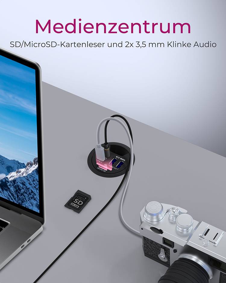 IB-HUB1404A, Tisch-Hub, 2x Type-A, 1x Type-C, 1x Audio Ein-/Ausgang, 1x SD/MicroSD Slot