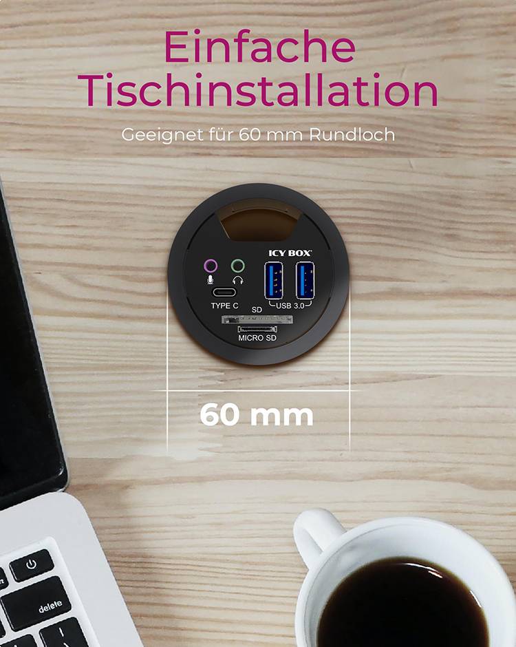 IB-HUB1404A, Tisch-Hub, 2x Type-A, 1x Type-C, 1x Audio Ein-/Ausgang, 1x SD/MicroSD Slot
