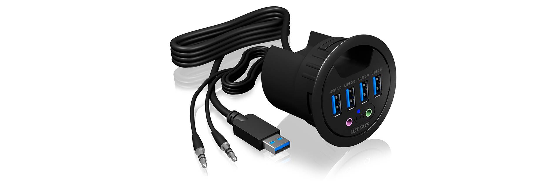 USB-Hub mit vier blauen USB-Anschlüssen und zwei Audioanschlüssen, schwarzes Design, mit angeschlossenem USB-Kabel und zwei Audiokabeln.