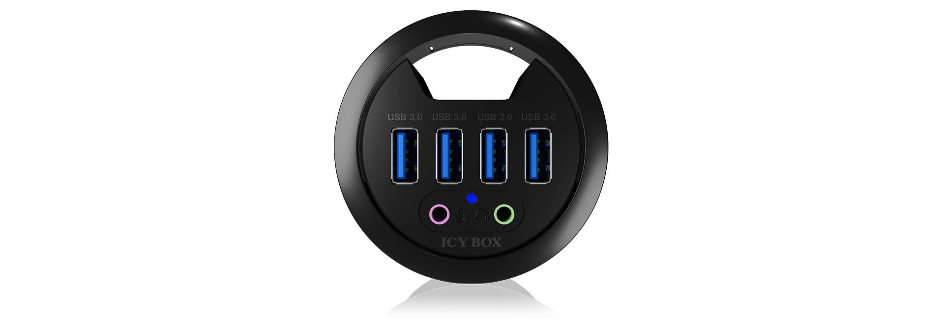 Eine runde USB-Hub-Frontansicht mit vier USB-3.0-Anschlüssen und zwei Audio-Anschlüssen oben beschriftet mit 'ICY BOX'.