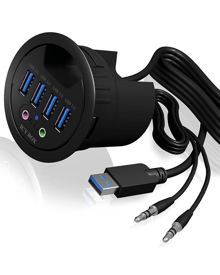 Ein Rundhubb mit vier USB 3.0 Anschlüssen, integriertem Kabel, einem USB-Stecker und zwei Audiosteckern. Ideal für Schreibtischintegration.