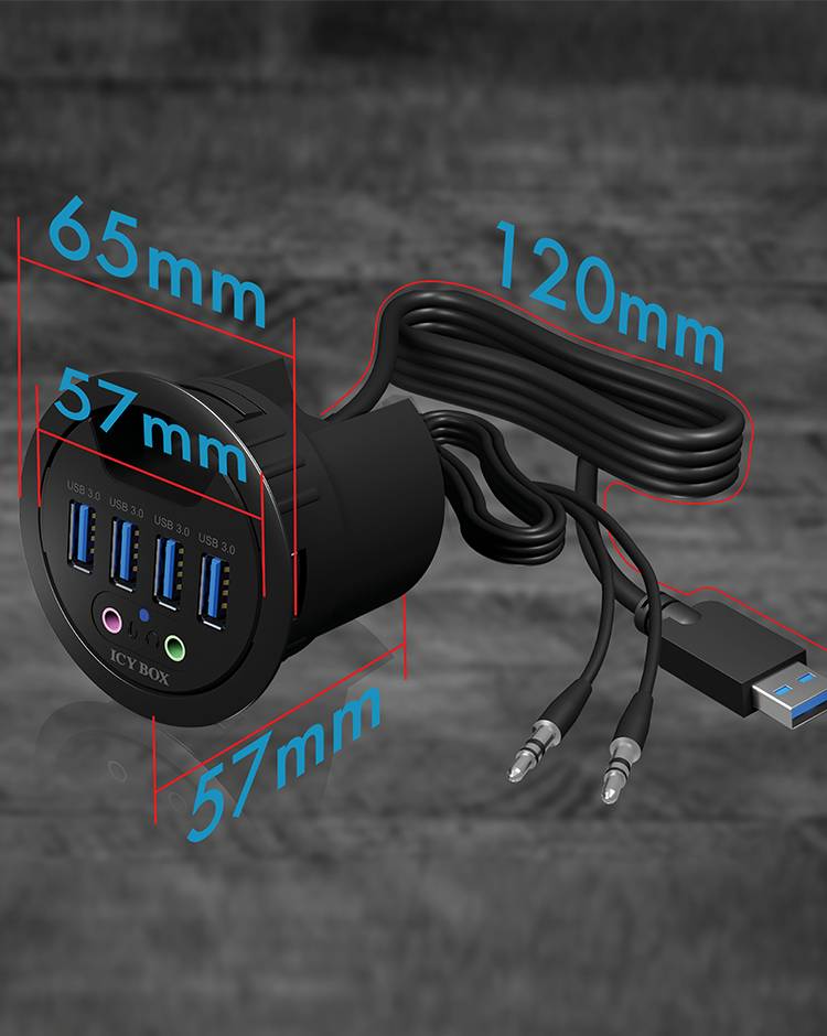 Ein schwarzes USB-Hub mit vier blauen USB-3.0-Anschlüssen, einem 120 mm langen Kabel und zwei Audiosteckern. Maße: 65mm hoch, 57mm breit.