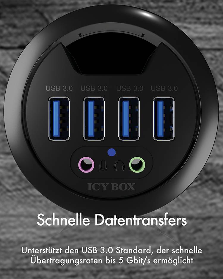 Schwarzes USB-Hub mit vier USB 3.0 Anschlüssen. Text: Schnelle Datentransfers. Unterstützt Übertragungsraten bis 5 Gbit/s.