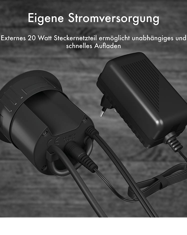 'Eigene Stromversorgung: Externes 20 Watt Steckernetzteil ermöglicht unabhängiges und schnelles Aufladen.' Zwei Steckernetzteile sind abgebildet.
