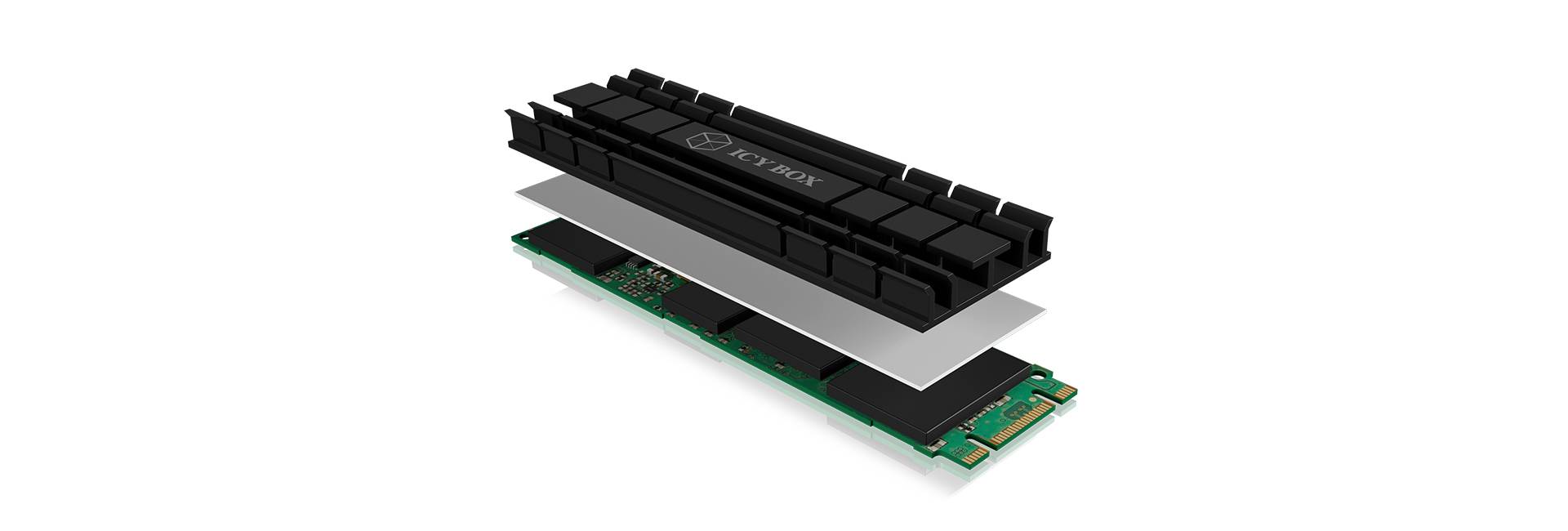 Explosionsansicht einer M.2 NVMe-SSD mit Kühlkörper, die technologische Details und Aufbau der Speicherkomponenten zeigt.