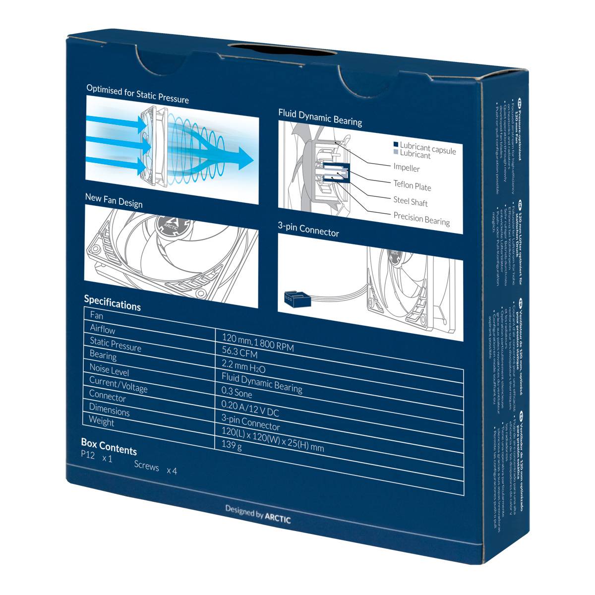 Eine blaue Verpackung zeigt die technischen Spezifikationen eines Lüfters, einschließlich Luftstrom, Geräuschpegel und Anschlussdetails.