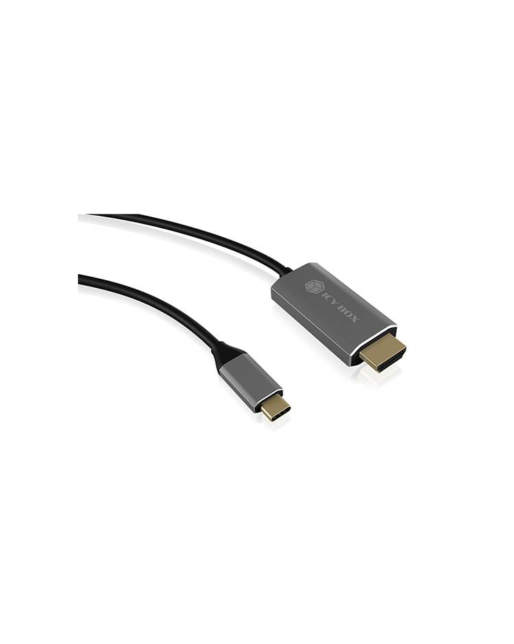 USB-C-auf-HDMI-Kabel, schwarzes Design, verbindet Geräte mit einem Bildschirm für die Audio- und Videoübertragung.