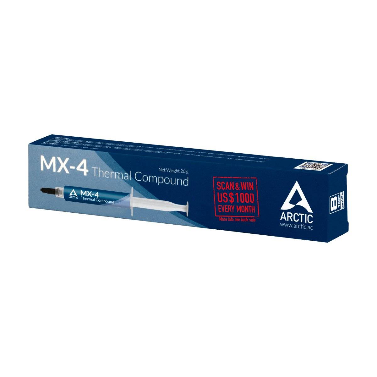 Eine blaue Verpackung zeigt die Aufschrift 'MX-4 Thermal Compound' und enthält eine Spritze mit Wärmeleitpaste. Marke: Arctic.