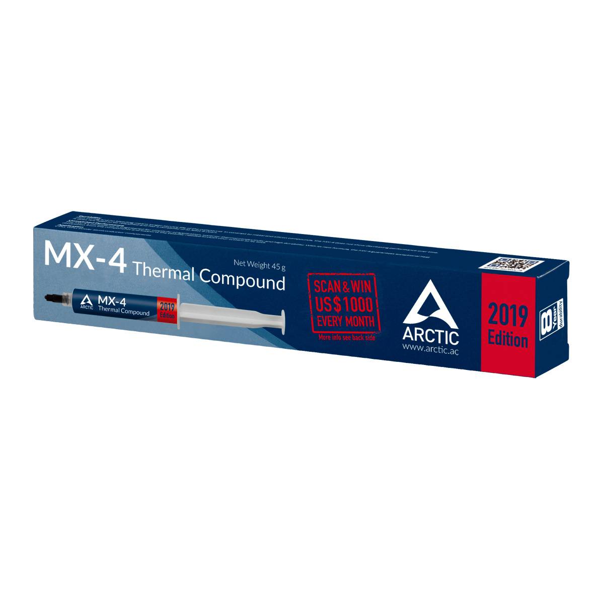 Eine blaue Schachtel mit 'MX-4 Thermal Compound' und einer Spritze abgebildet. Aufschrift: 'Gewinnen Sie 1000 USD jeden Monat'. Arctic-Logo rechts.