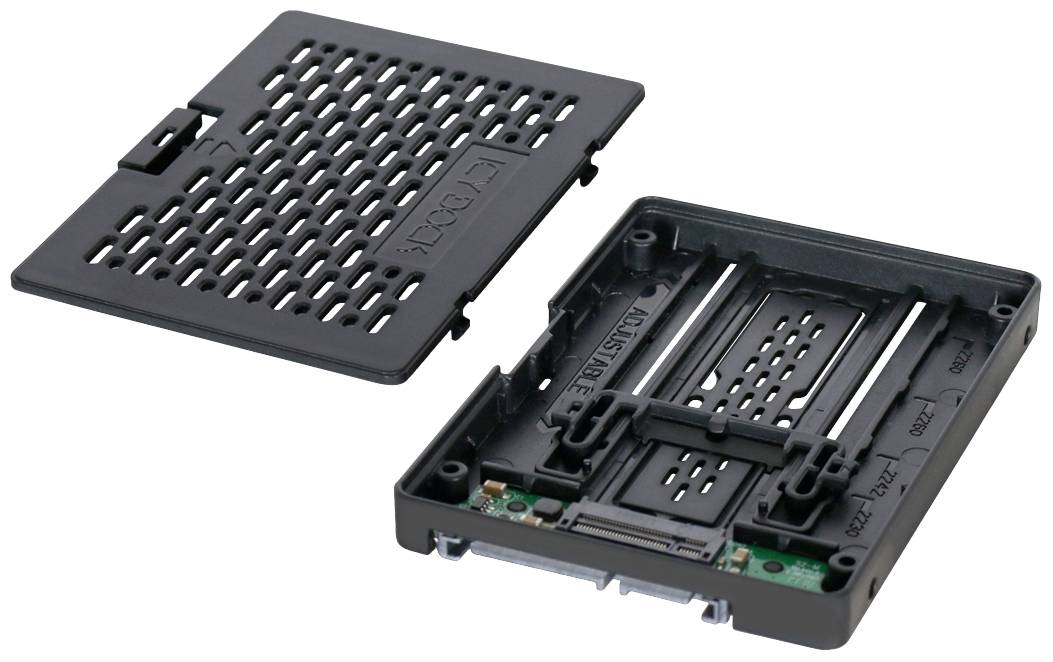 Ein offenes Gehäuse für eine Festplatte, bestehend aus einem abgenommenen Deckel und einem Boden mit integrierter Platine.