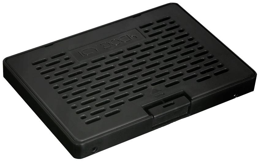 Schwarzes, rechteckiges Plastikgerät mit Lüftungsschlitzen auf der Oberseite.