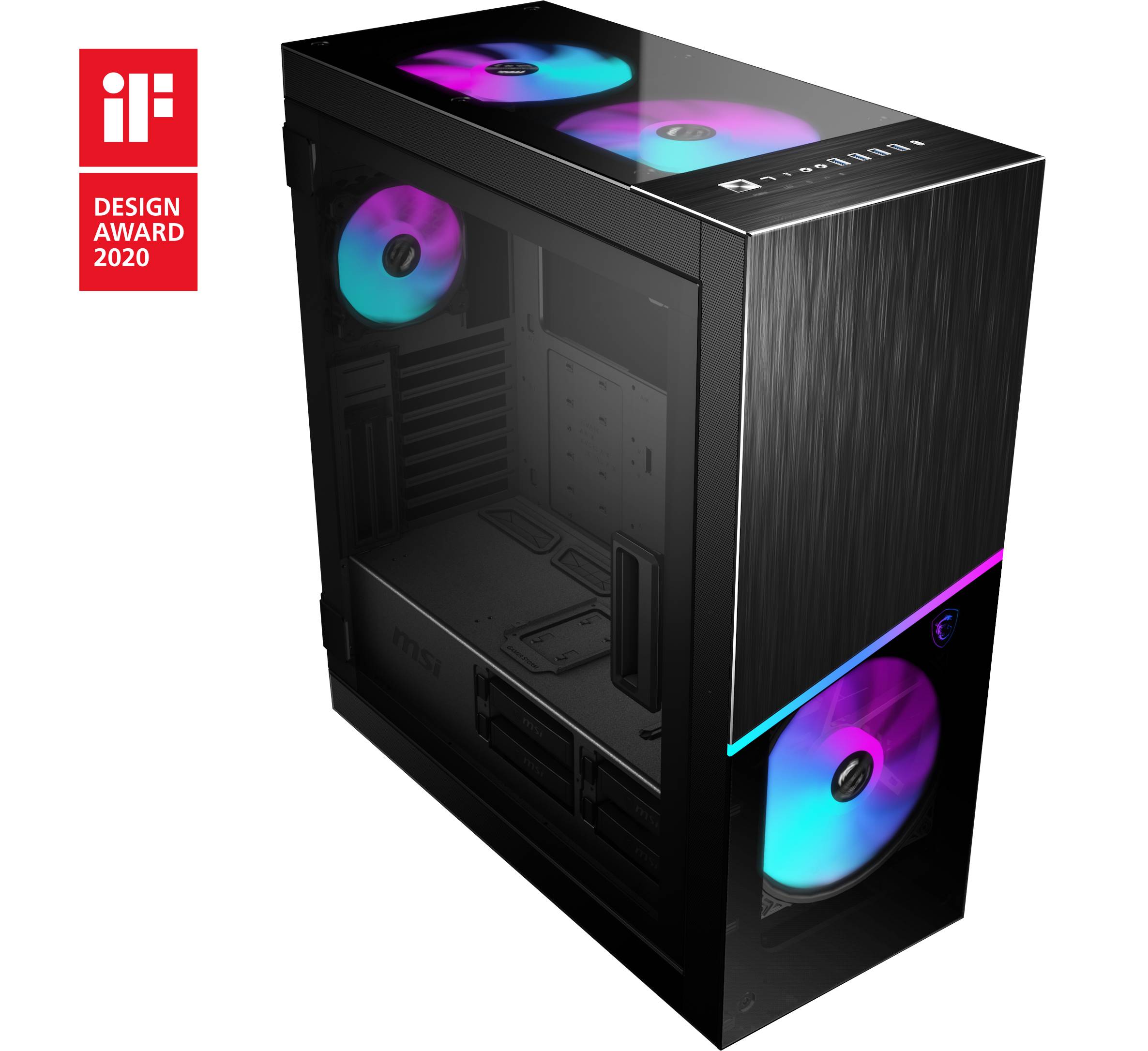 PC-Gehäuse mit beleuchteten Lüftern und gläserner Front. Gewinner des 'iF Design Award 2020'.