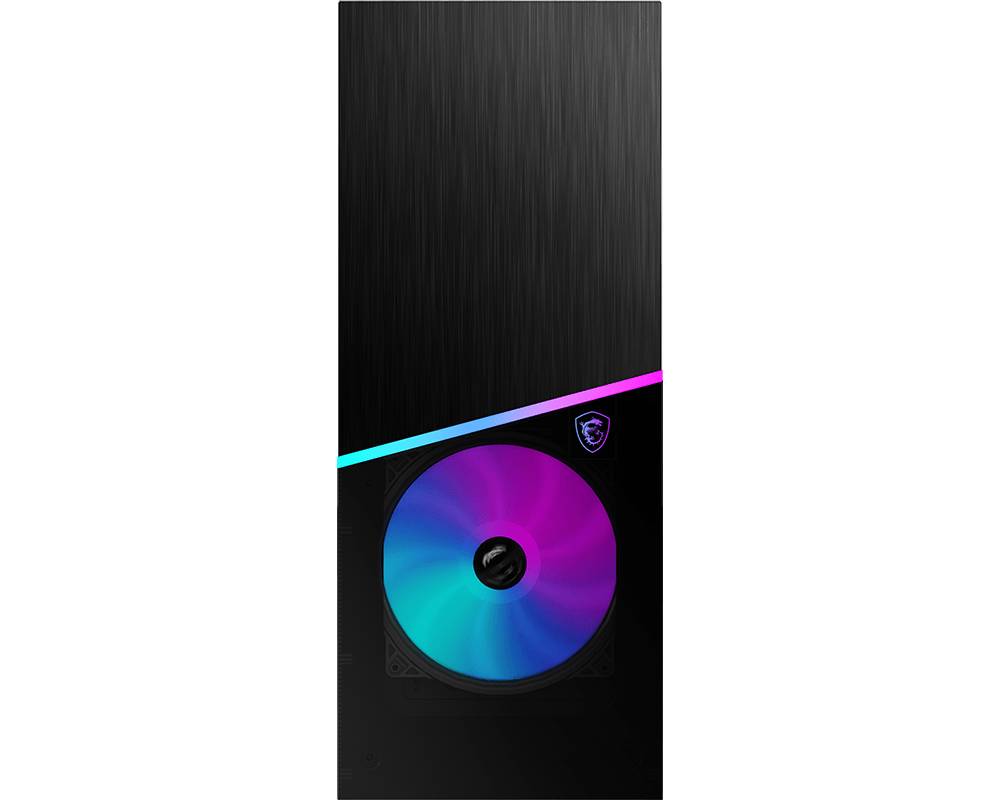Schwarzes Computergehäuse mit diagonaler RGB-Lichtleiste und beleuchtetem Lüfter. Markenlogo oben rechts auf der Vorderseite.