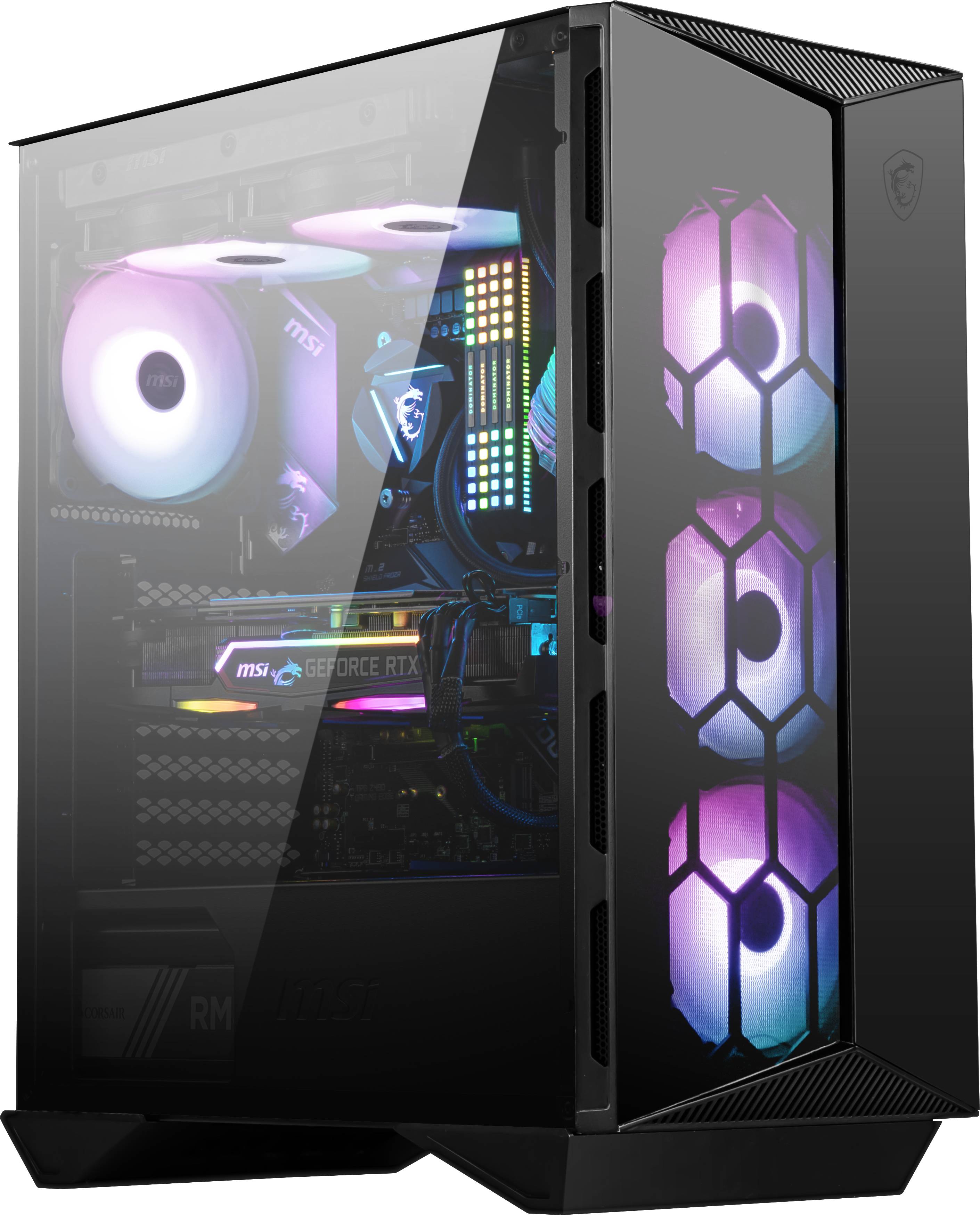 Ein schwarzer Gaming-PC-Tower mit sichtbarer RGB-Beleuchtung und transparentem Glas, zeigt Lüfter und Hardware im Inneren.