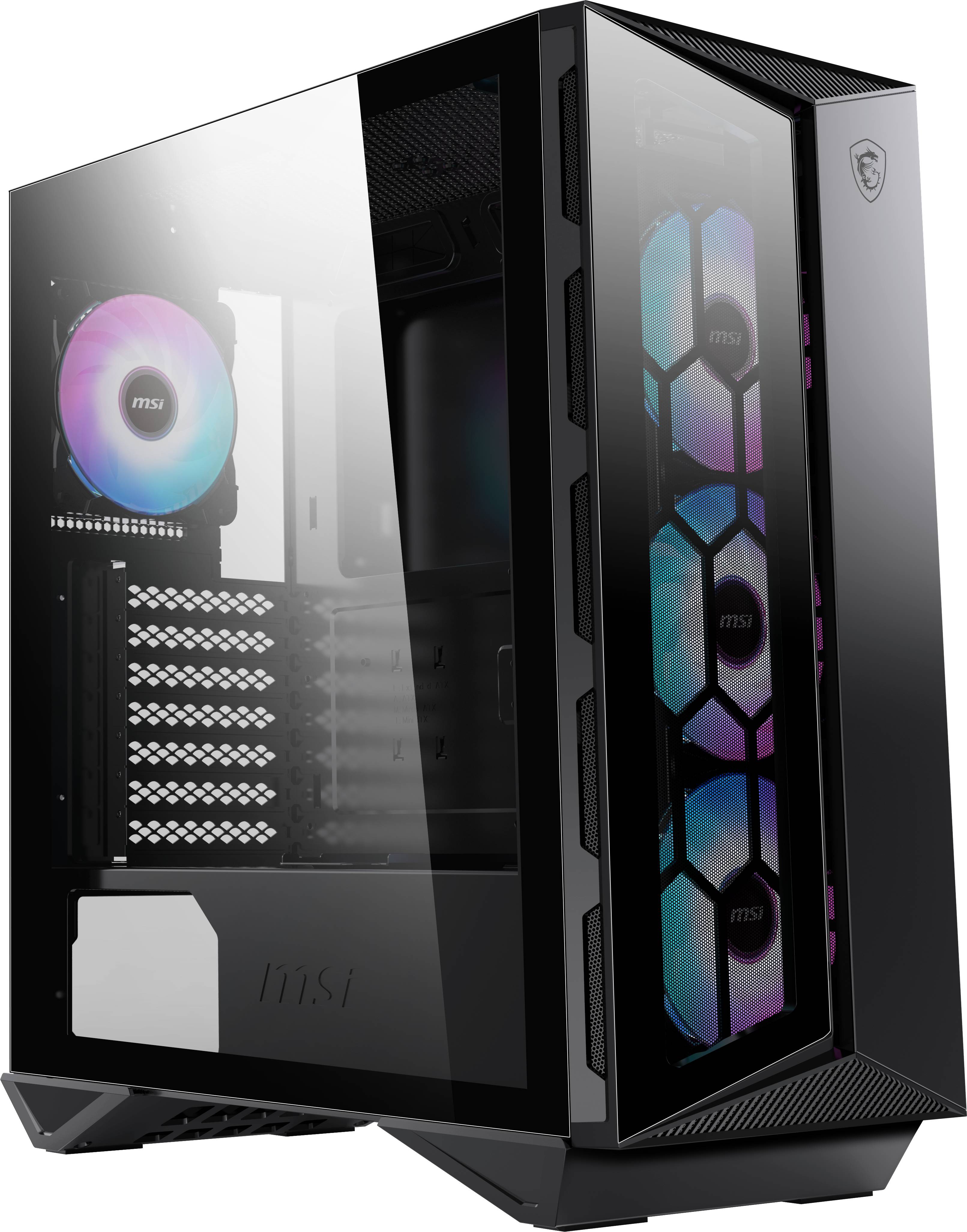 Ein schwarzes Computergehäuse mit Glasfront zeigt innen LED-beleuchtete Ventilatoren und einen strukturierten Aufbau für Gaming-PCs.