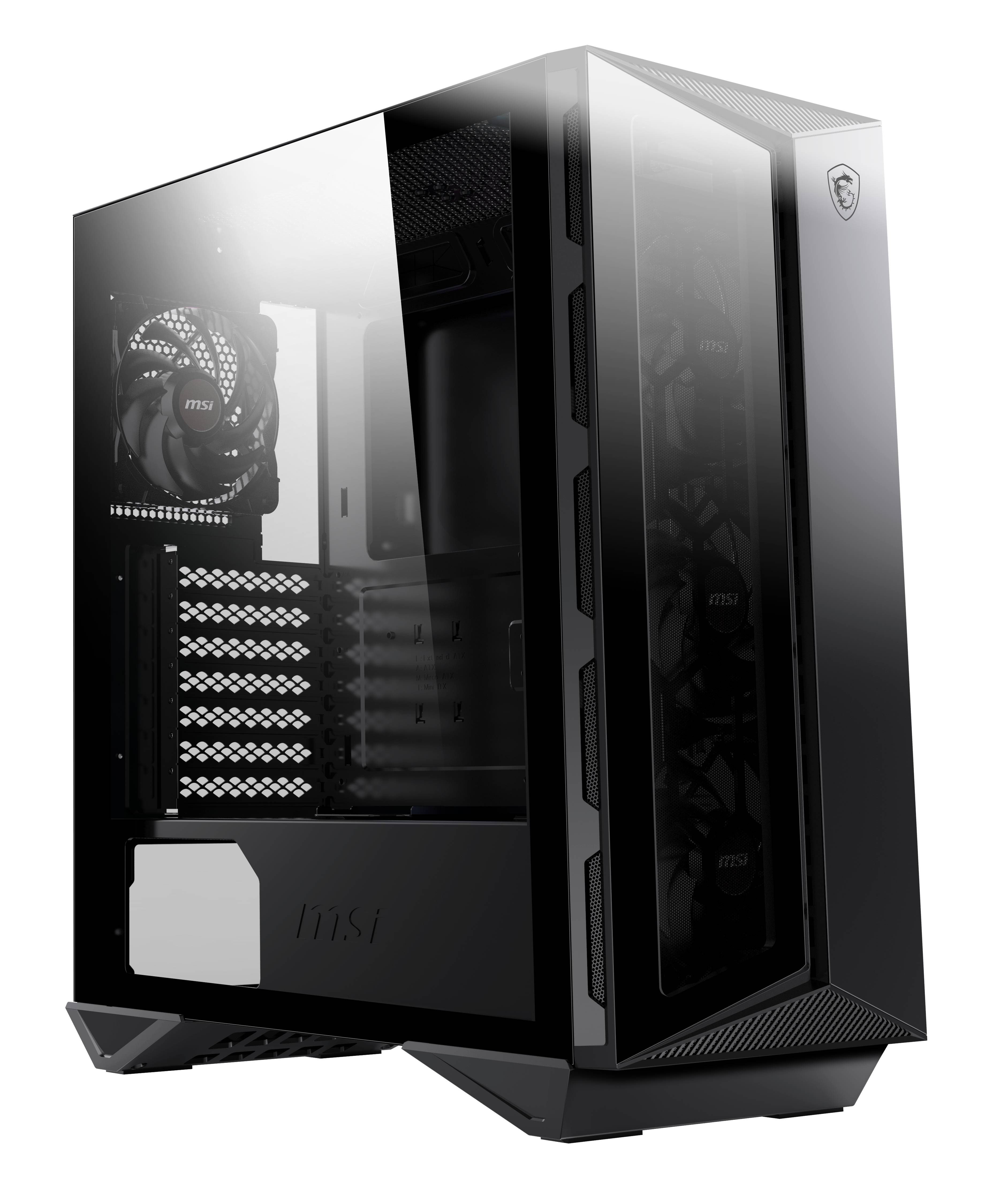 Ein schwarzes, modernes Computergehäuse mit transparenten Glasfronten, Lüftern und einem minimalistischen Design.