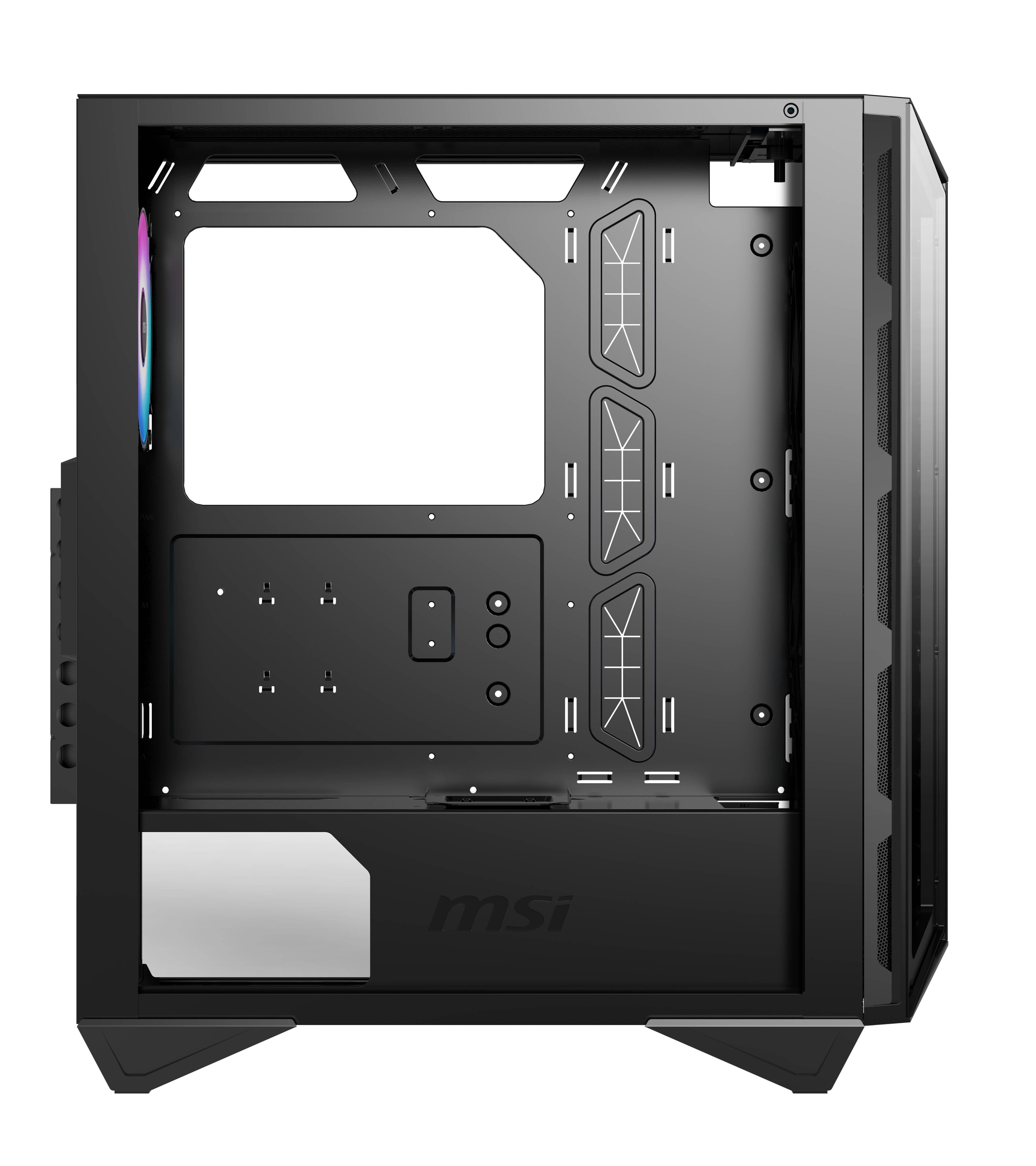 Offenes Computergehäuse in Schwarz mit mehreren Lüfterplätzen und Kabeldurchführungen, geeignet für Mainboard-Installation.