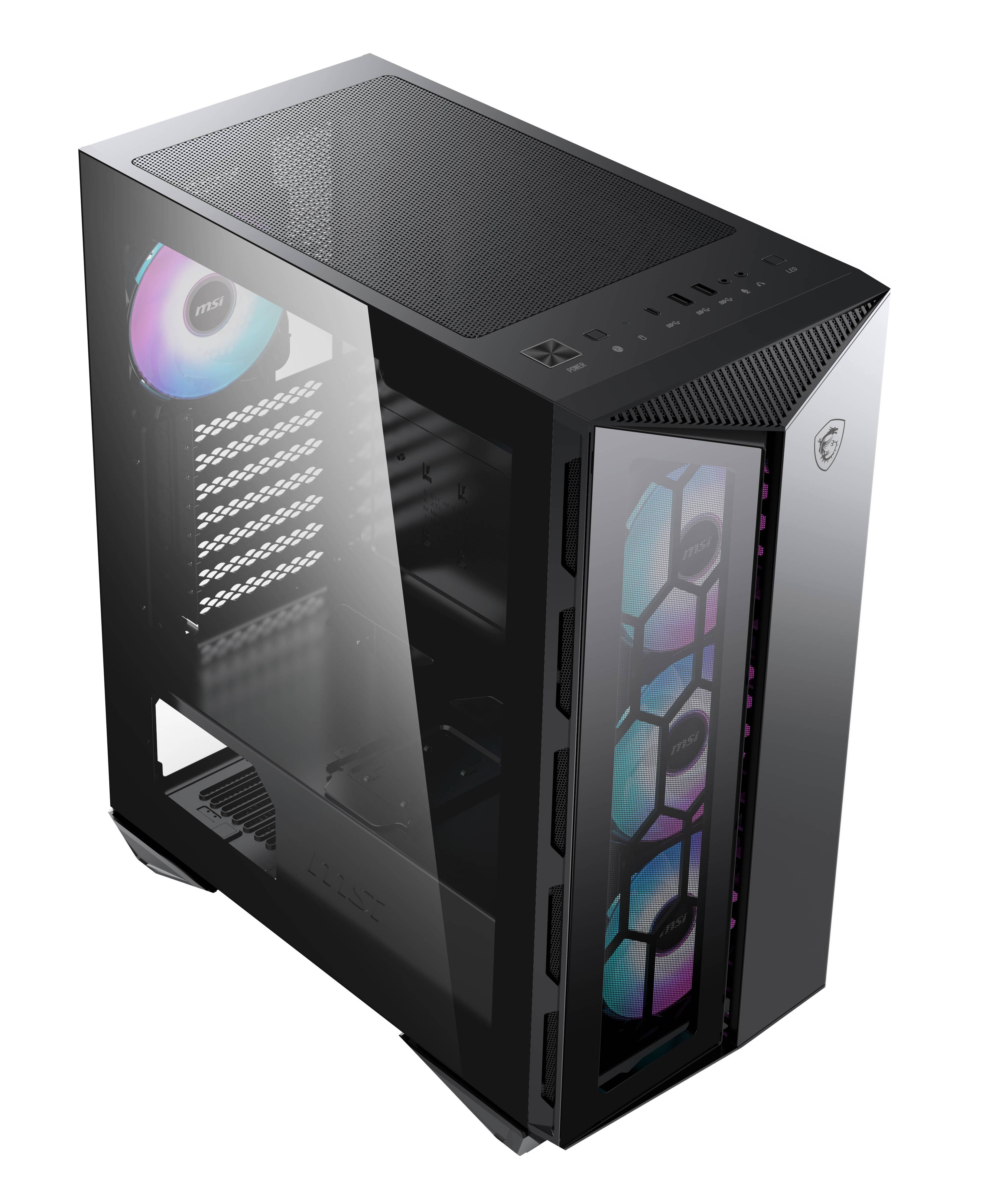 Schwarzes Computergehäuse mit transparentem Seitenteil; enthält bunte Lüfter an der Vorderseite. Ideal für Gaming-PC-Bau.