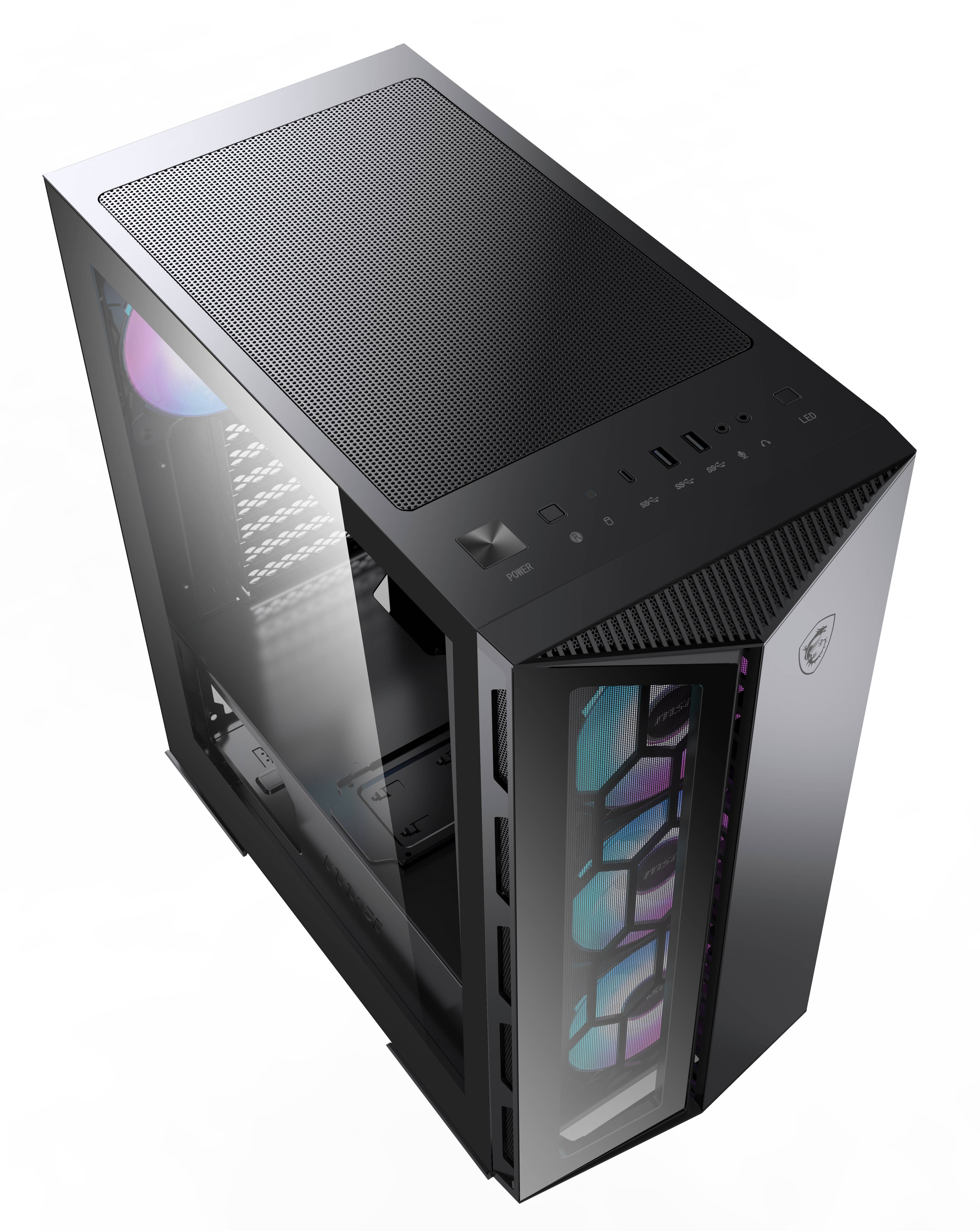 Schwarzes PC-Gehäuse mit transparentem Seitenfenster, drei beleuchtete Lüfter vorne, oben Anschlüsse und Bedienelemente sichtbar.