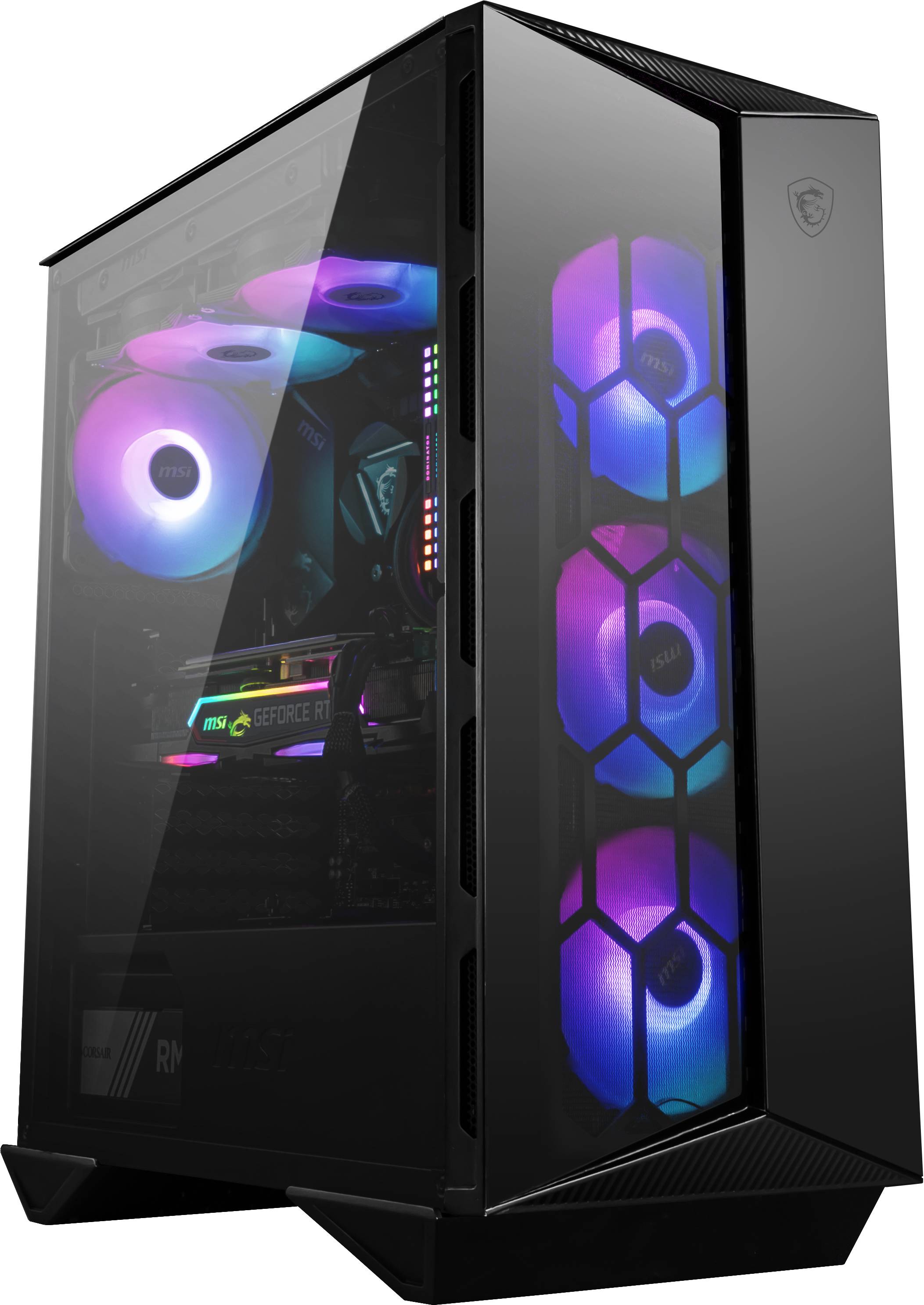 Schwarzer Gaming-Computer mit transparentem Gehäuse, sichtbar sind leuchtende RGB-Lüfter und Grafikkarte im Inneren.