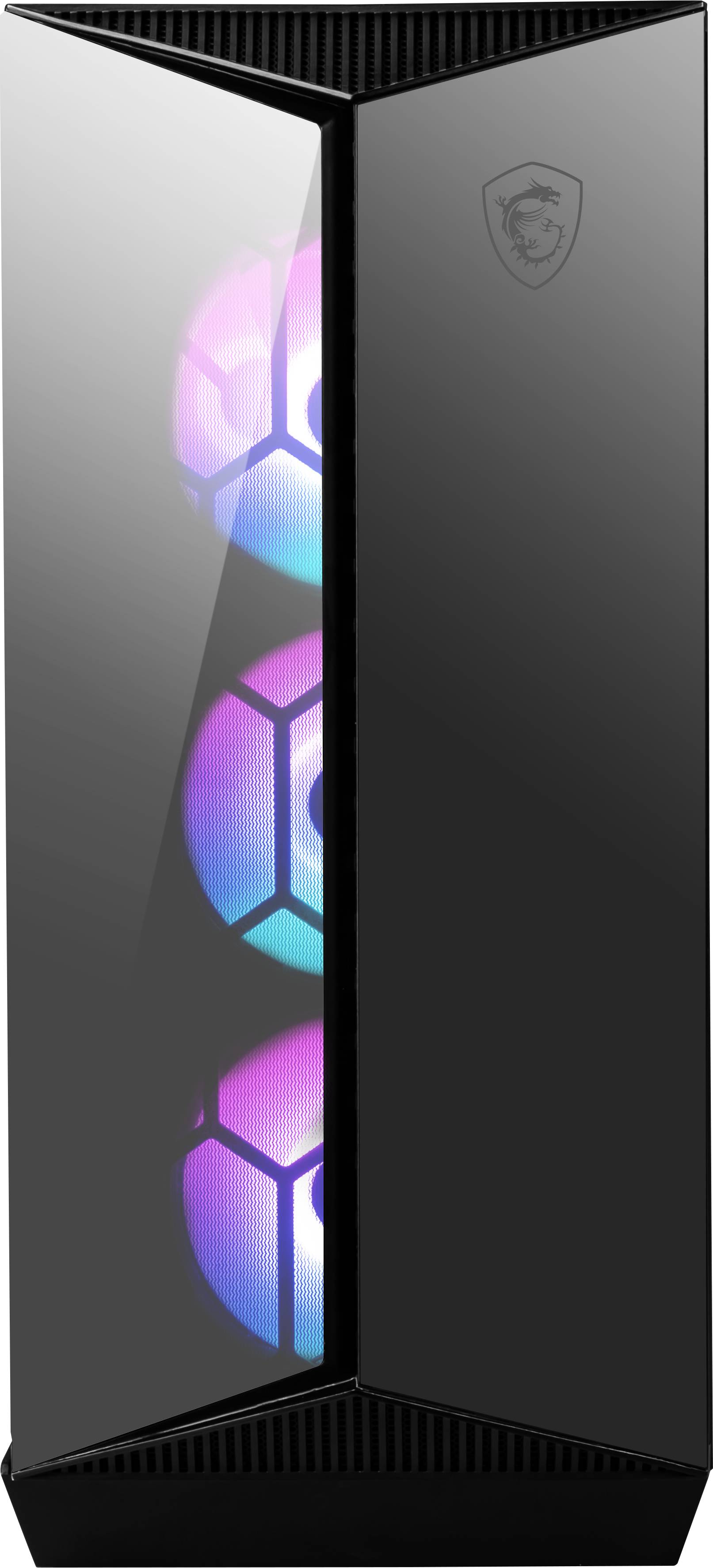 PC-Gehäuse mit drei sichtbaren RGB-LED-Lüftern hinter einer glatten, reflektierenden Frontblende; modernes und minimalistisches Design.