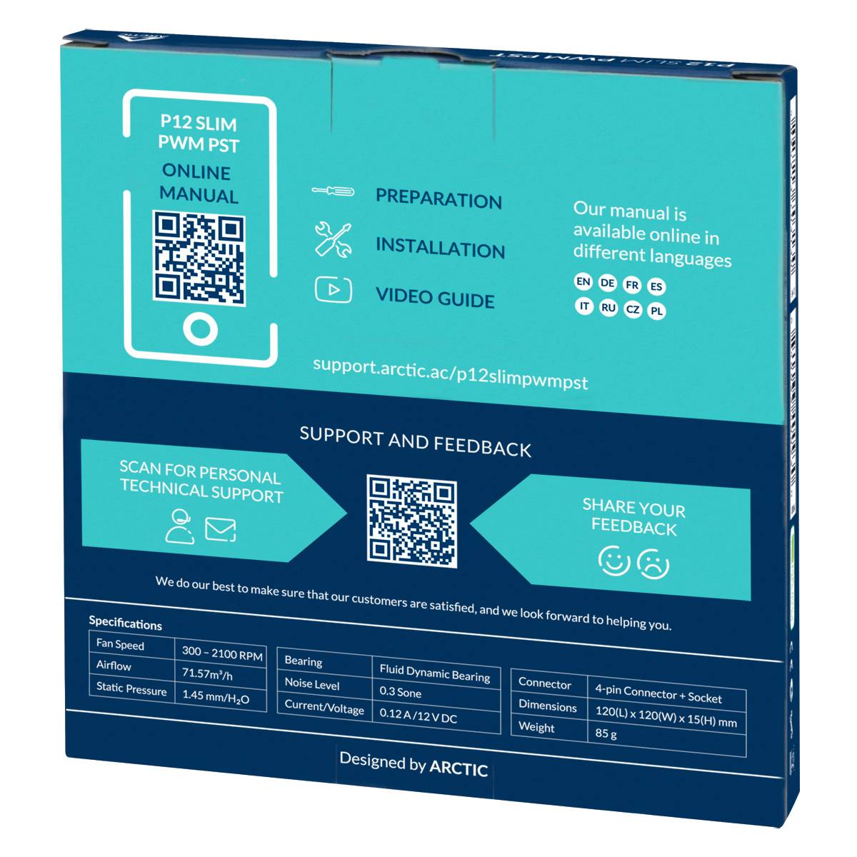 'P12 SLIM PWM PST' Lüfterverpackung. Zeigt QR-Codes für Anleitung und Support. Details zu Spezifikationen und Feedback-Möglichkeiten.