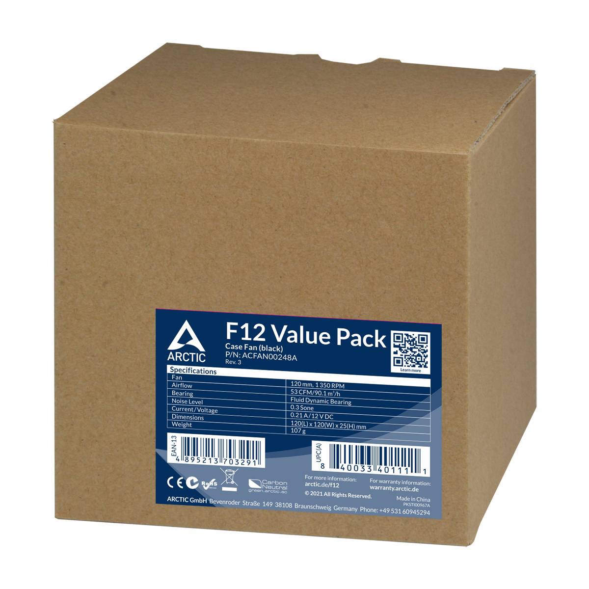 Der Karton zeigt eine Verpackung mit der Aufschrift 'F12 Value Pack' von Arctic, einer Marke für Computerlüfter, mit Spezifikationen darauf.