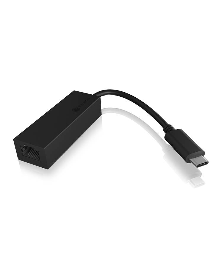 Schwarzer USB-C-zu-Ethernet-Adapter mit kurzem Kabel, ermöglicht kabelgebundene Netzwerkverbindung für Geräte ohne Ethernet-Port.