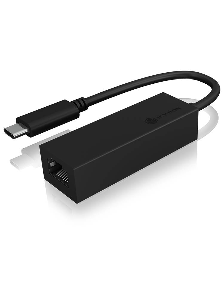 Schwarzer USB-C-zu-Ethernet-Adapter mit einem kurzen Kabel, geeignet für die Verbindung moderner Geräte mit kabelgebundenem Internet.