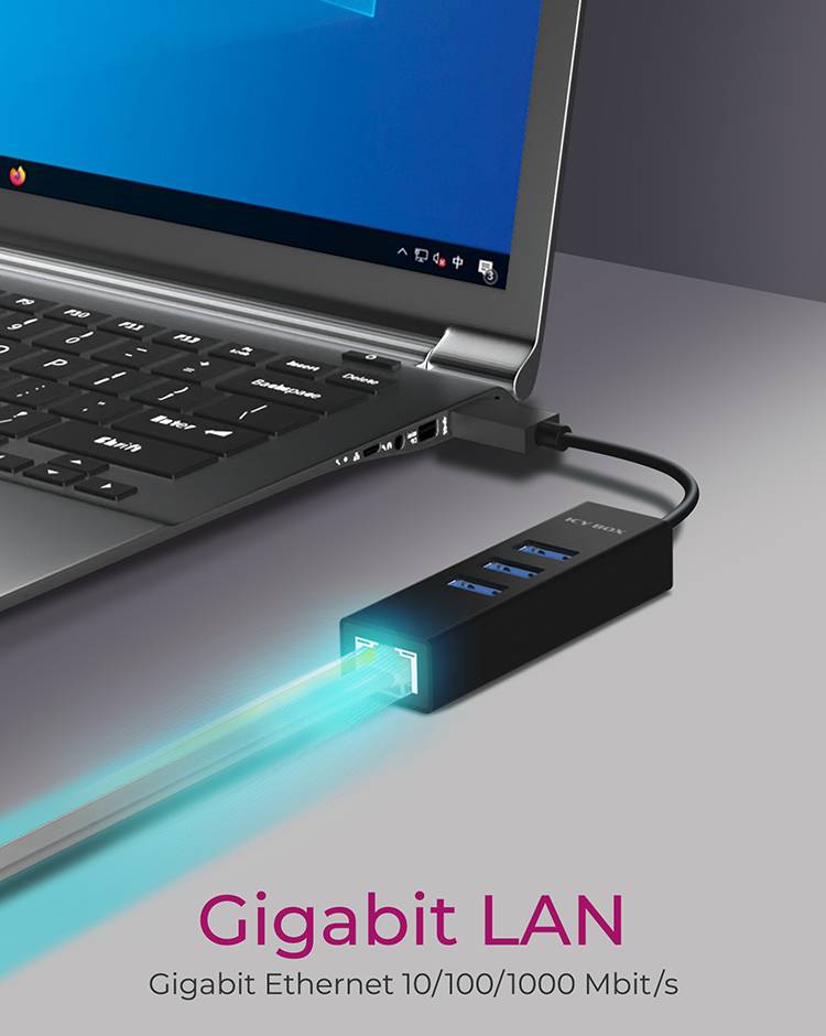 USB-Adapter verbunden mit einem Laptop, zeigt eine schnelle Datenübertragung mit einem blauen Lichtstrahl. Text: 'Gigabit LAN', 'Gigabit Ethernet 10/100/1000 Mbit/s'.