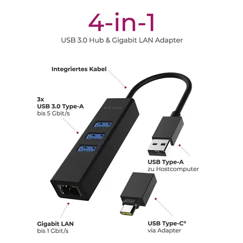 ICY BOX IB-HUB1419-LAN 4 Port USB 3.2 Gen 1-Hub (USB 3.0) Schwarz ICY BOX IB-HUB1419-LAN 4 Port USB 3.2 Gen 1-Hub (USB 3.0) Schwarz