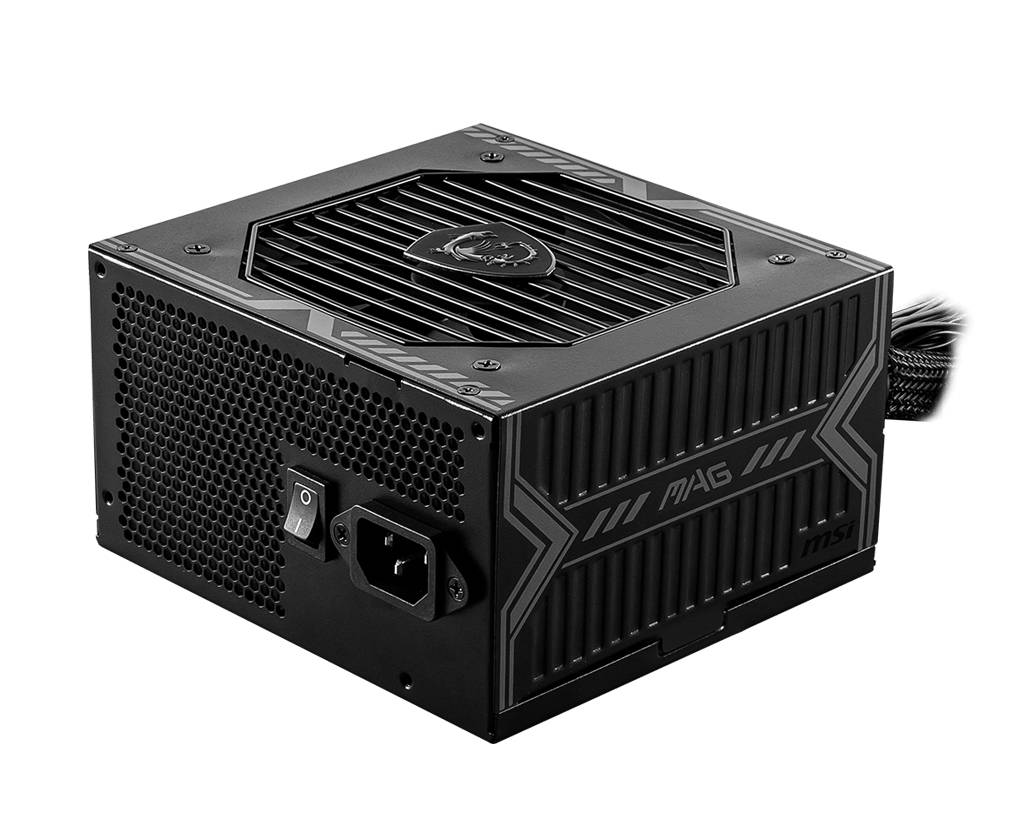 Schwarzes Computer-Netzteil mit Lüftungsgitter und Stromanschluss, markiert mit 'MAG'. Kabelbündel auf der rechten Seite sichtbar.