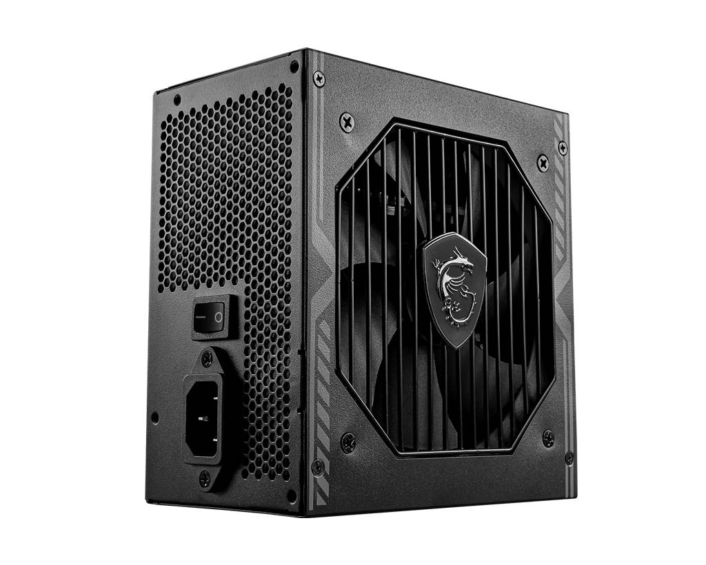Schwarzes PC-Netzteil mit Lüftergitter und Anschlussstecker, MSI-Markenzeichen sichtbar auf der Vorderseite.
