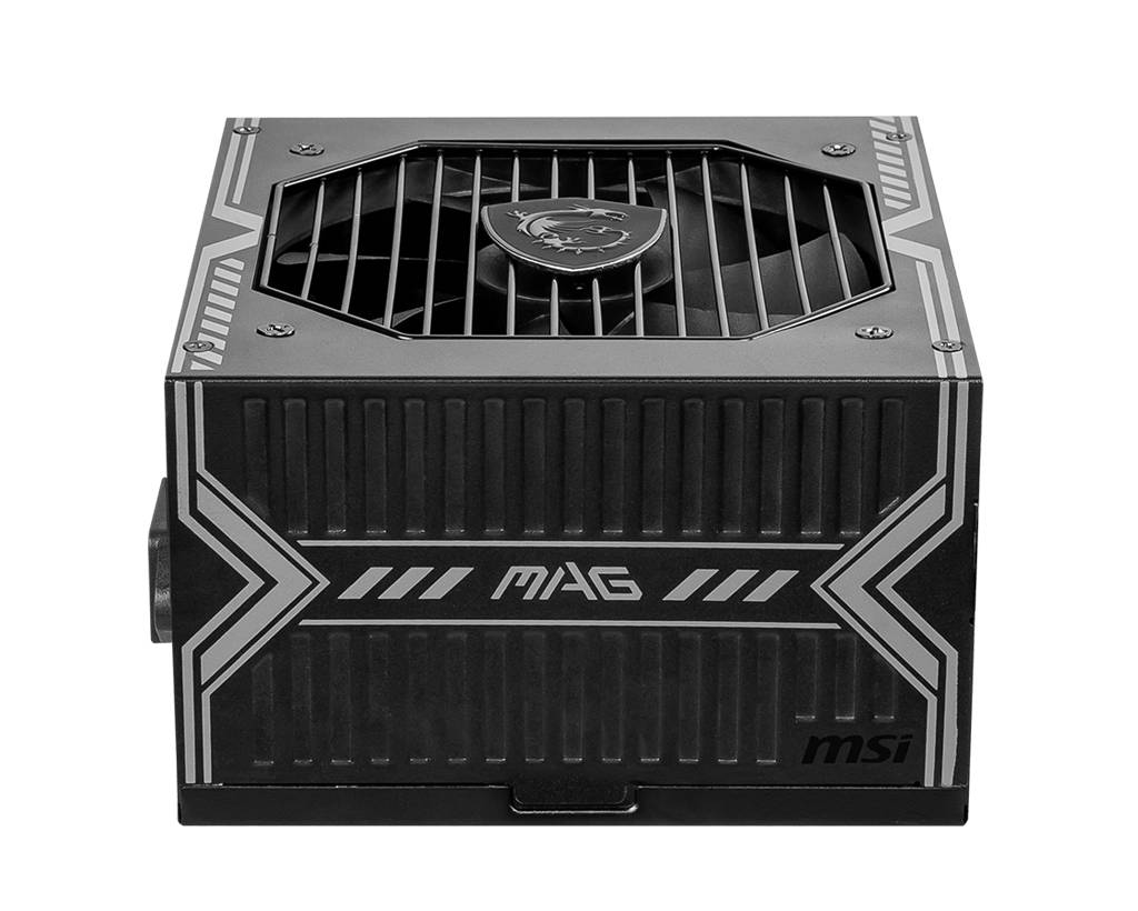 Schwarzes Computer-Netzteil mit Logo und Lüfter oben. Markierungen 'MAG' und 'MSI' auf der Seite. Gedacht für PC-Hardware.