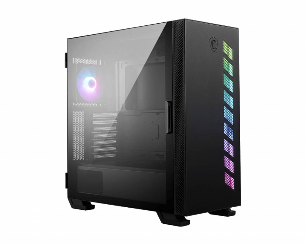 Schwarzes PC-Gehäuse mit Glas-Seitenwand, beleuchteten Lüfter und RGB-LED-Streifen auf der Vorderseite. Elegantes Design.