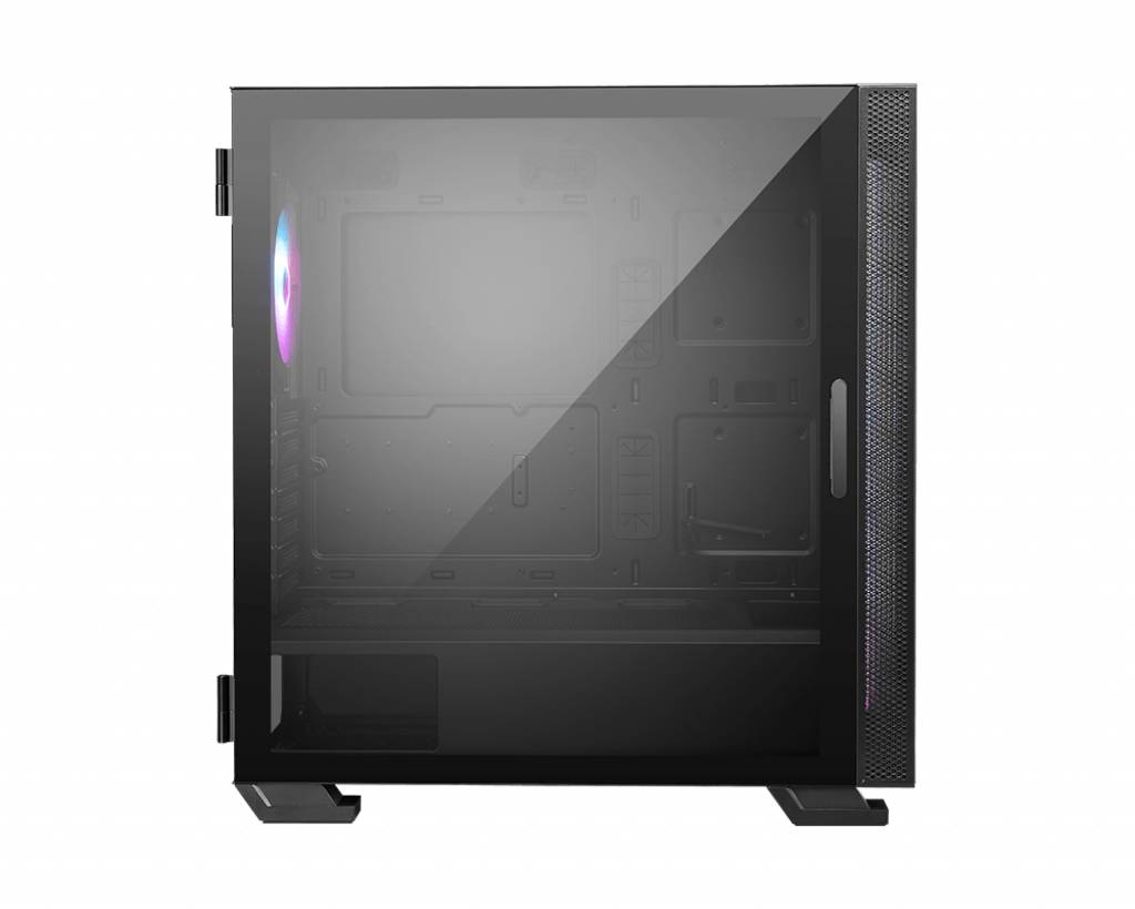 Schwarzes Computergehäuse mit transparentem Seitenpanel. RGB-Licht leuchtet innen, zeigt Platz für Hardwarekomponenten.