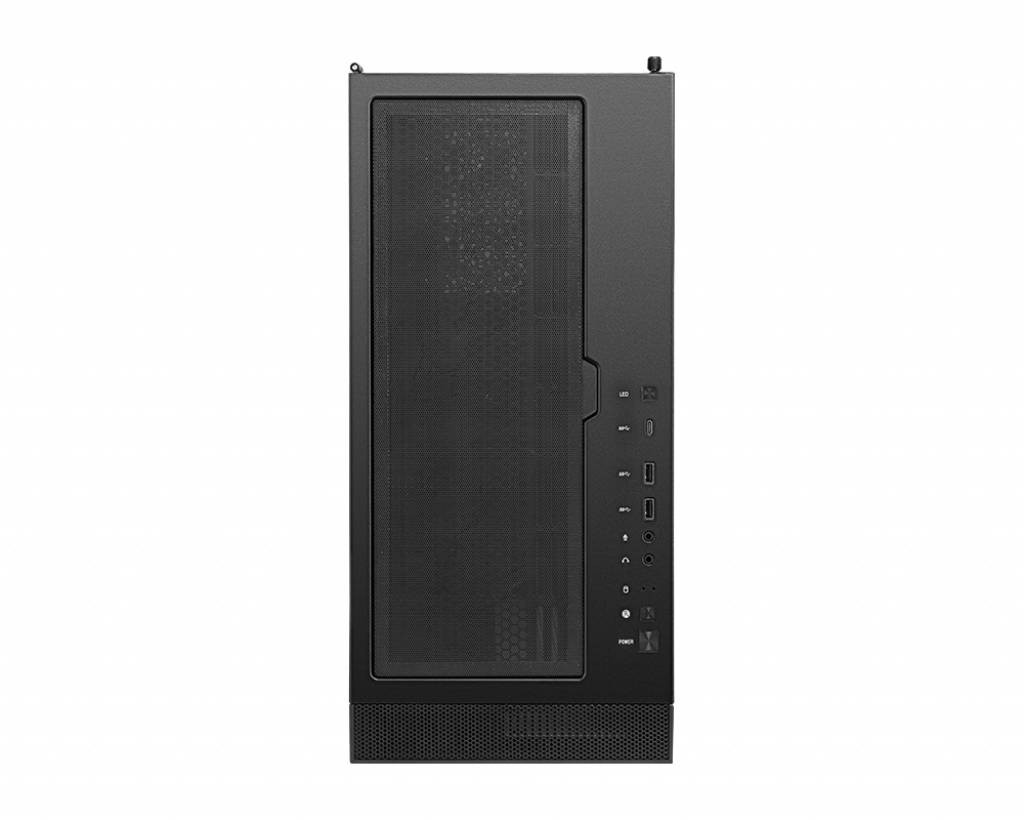 Schwarzes Computergehäuse mit durchlässigem Frontpanel für optimale Kühlung. Mehrere Anschlüsse an der Vorderseite für einfache Zugänglichkeit.