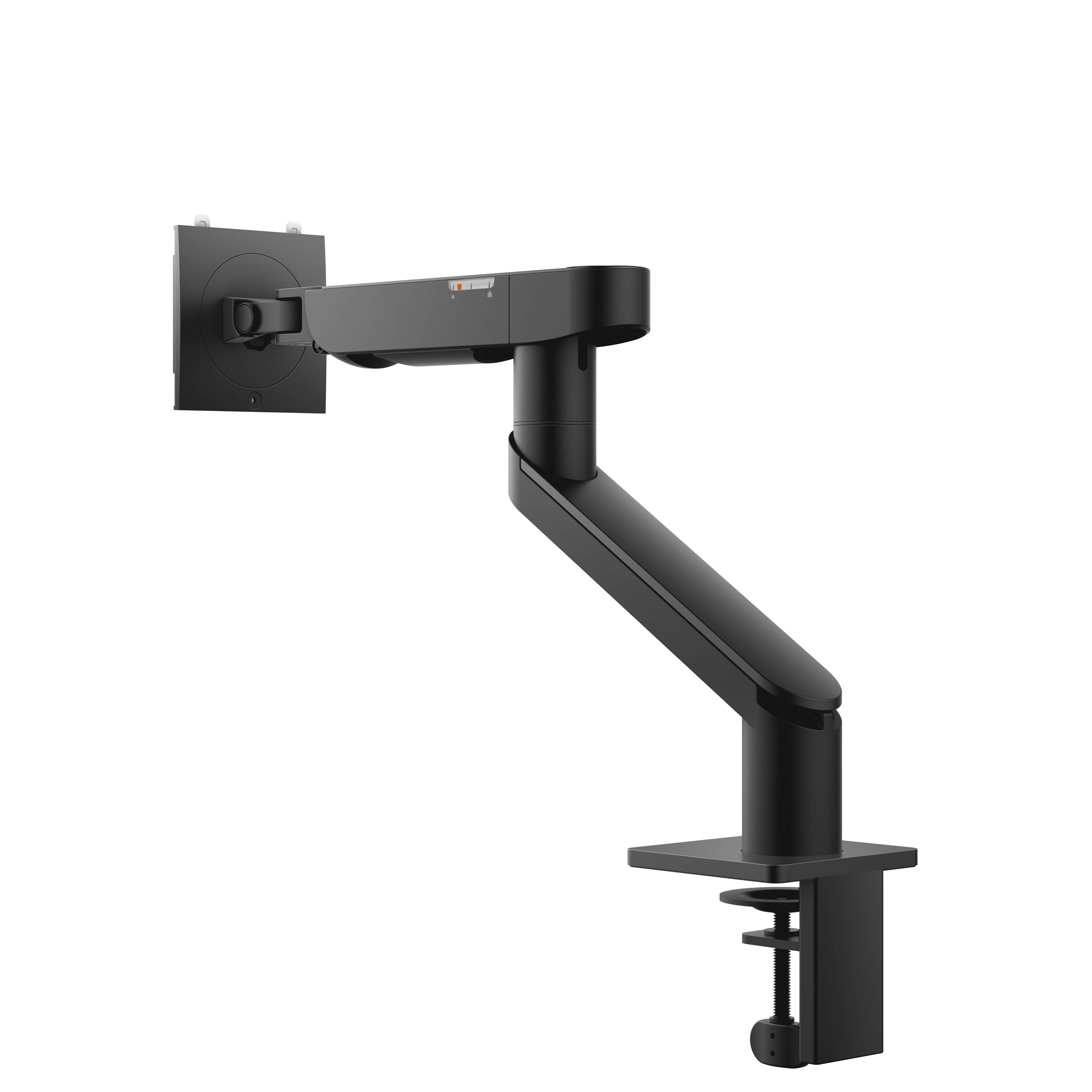 Ein schwarzer, verstellbarer Monitorarm mit Klemme zur Tischbefestigung, geeignet für ergonomische Bildschirmpositionierung im Büro.