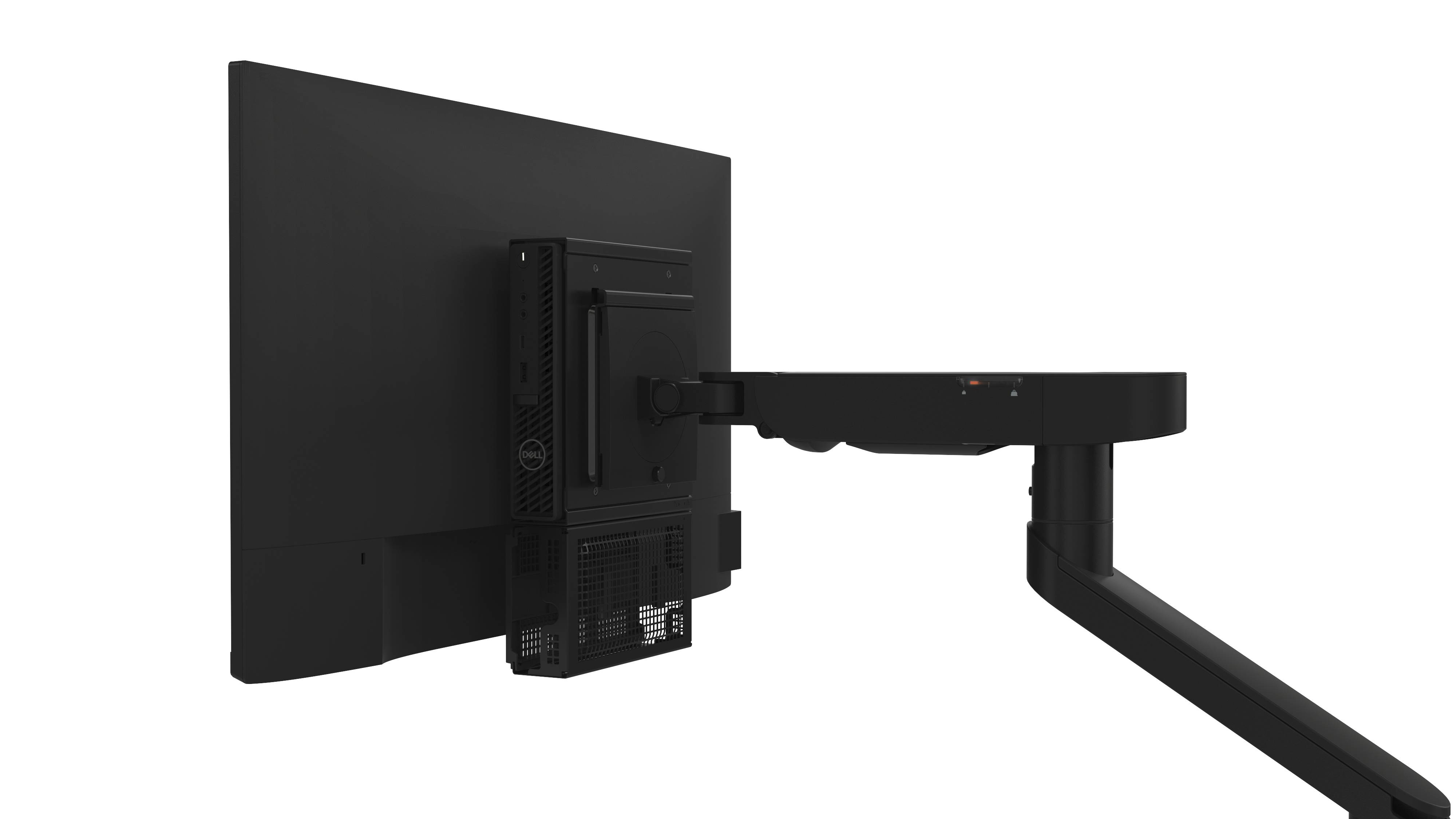 Ein schwarzer Computerbildschirm ist an einem verstellbaren, schwenkbaren Arm befestigt, der an der Rückseite des Monitors montiert ist.