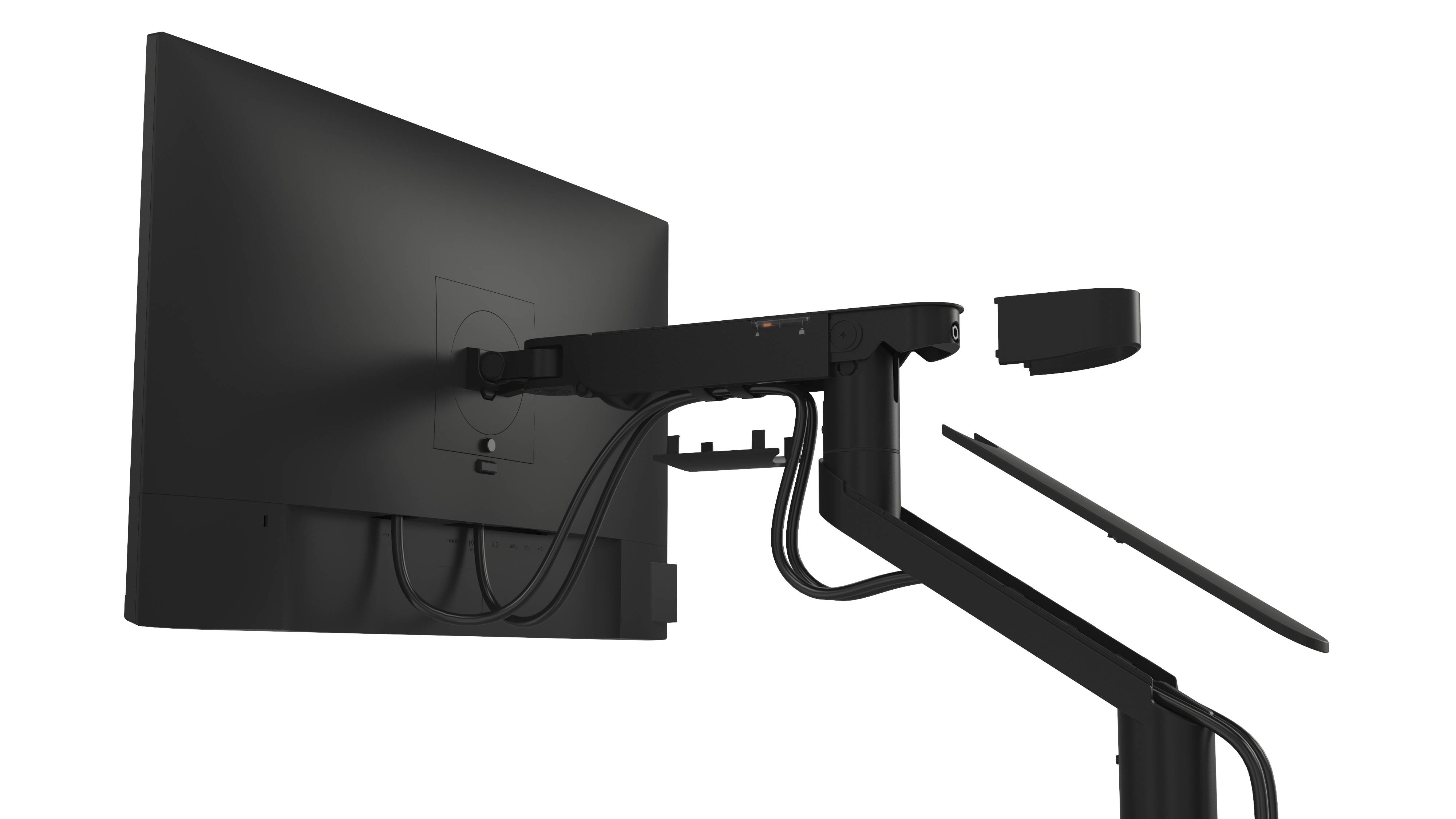 Ein schwarzer Monitorarm hält einen Bildschirm. Die Kabel sind ordnungsgemäß verlegt. Der Monitor ist neigbar und höhenverstellbar.