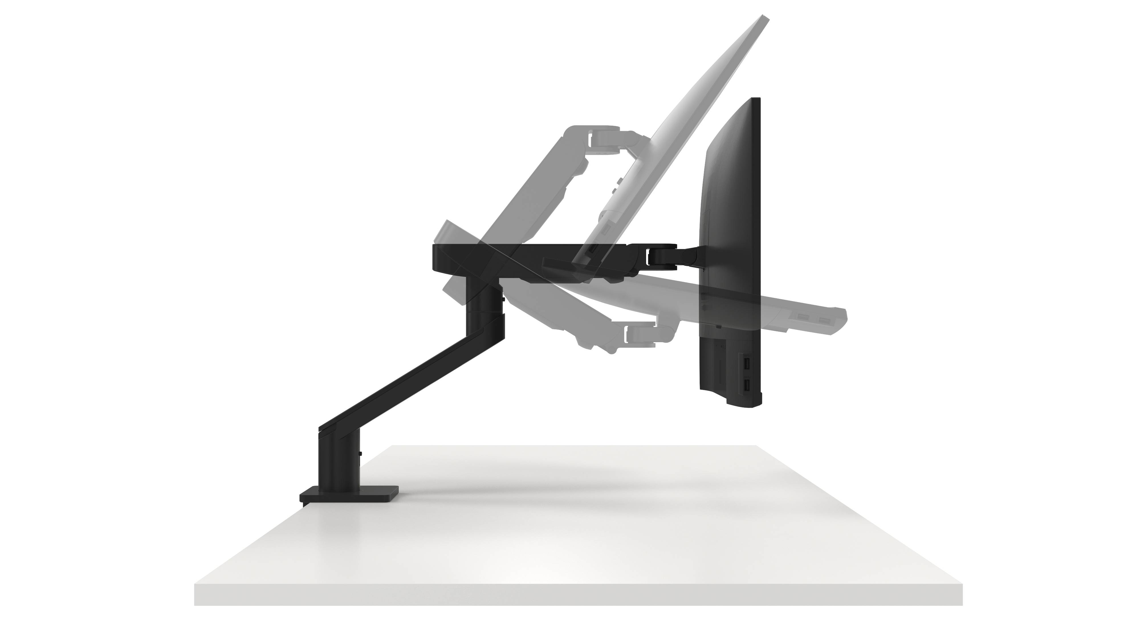 Ein verstellbarer Monitorarm, befestigt an einem Tisch, zeigt verschiedene Positionen des Monitors für ergonomisches Arbeiten.