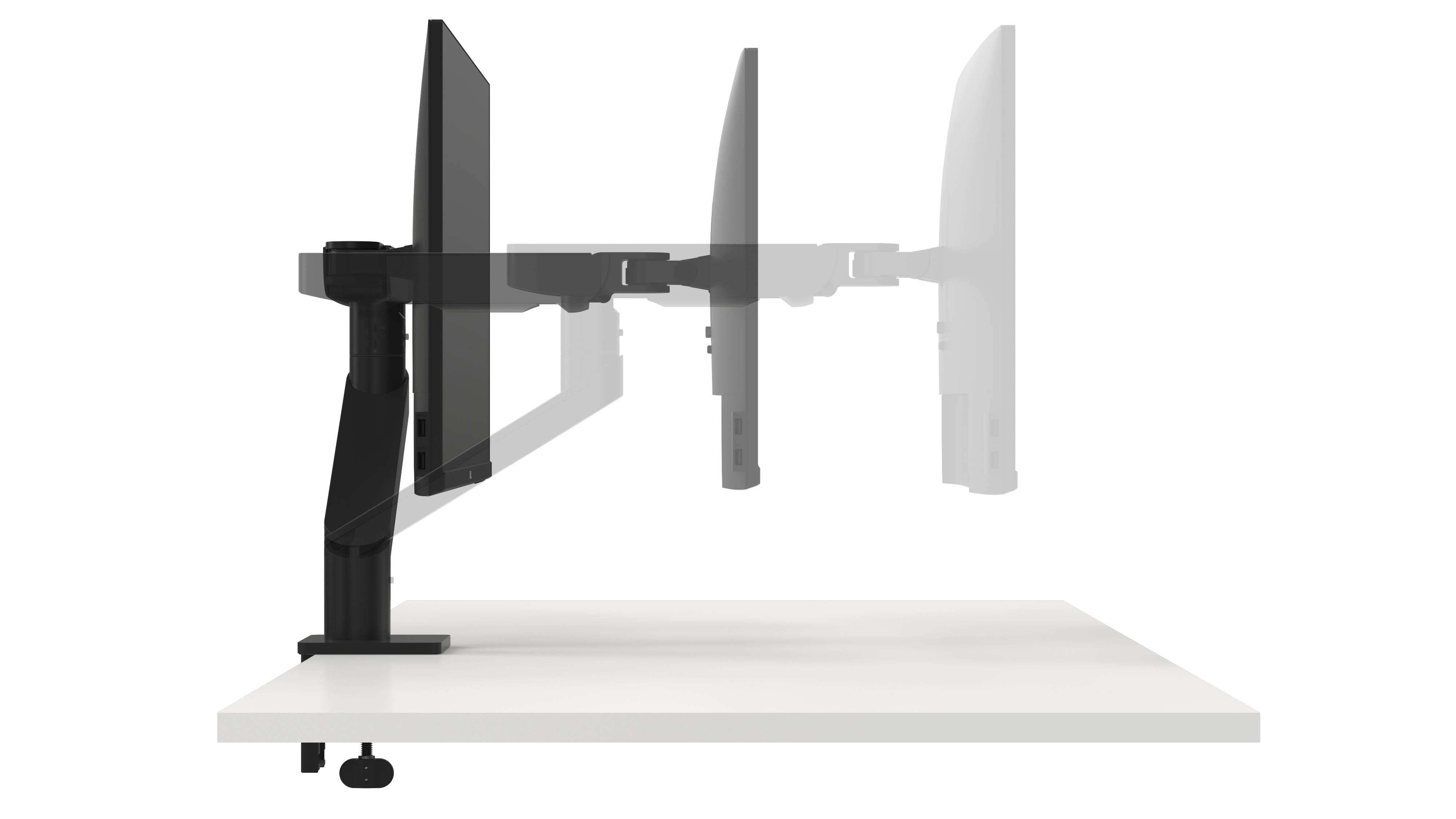 Monitorhalterung mit verstellbarem Arm, zeigt seitliche Bewegung eines Bildschirms von links nach rechts auf einem Tisch.
