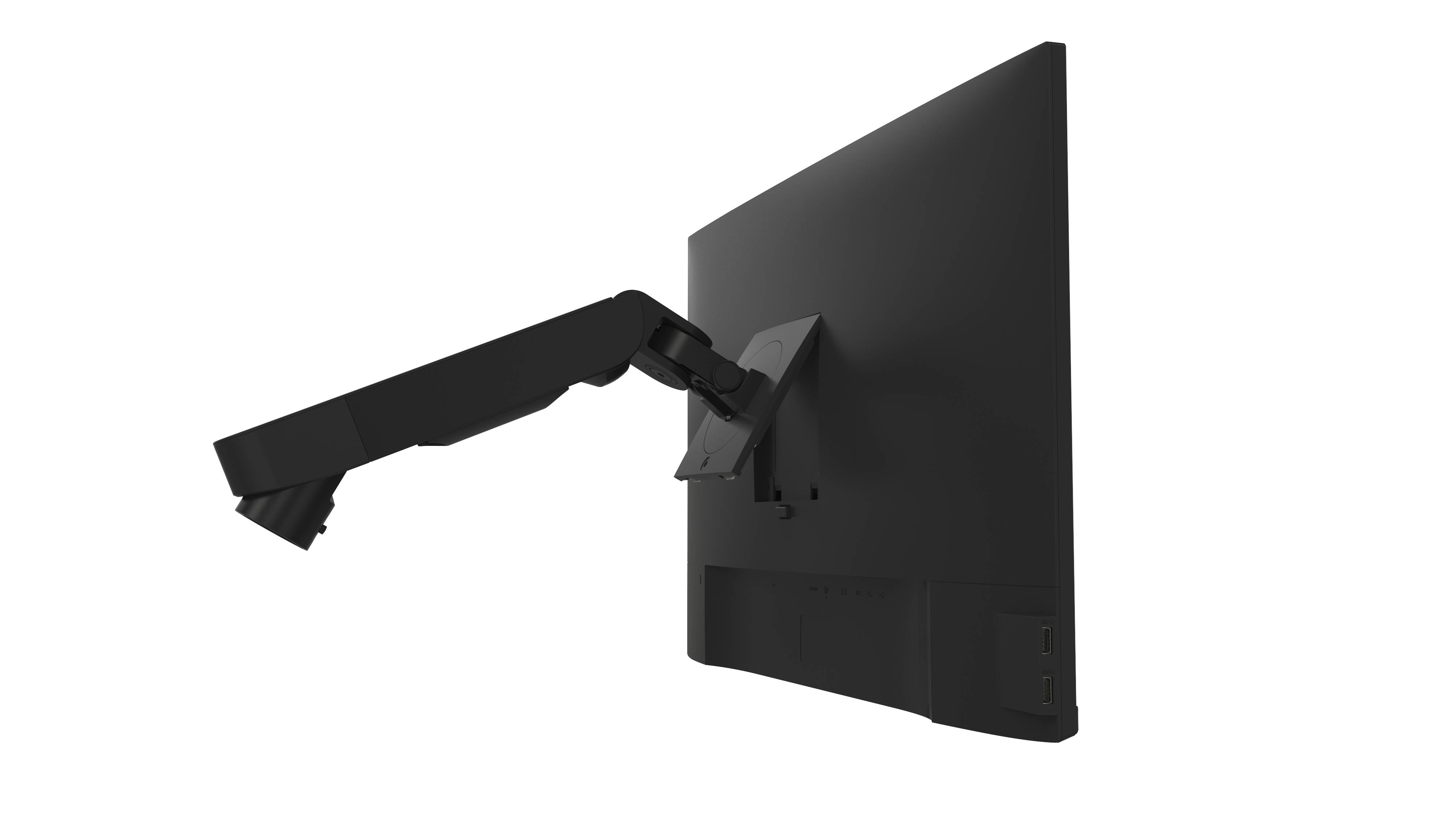 Ein schwarzer Monitorarm hält einen Flachbildschirm in der Luft. Der Arm ist gebogen und bietet flexible Positionierungsmöglichkeiten.